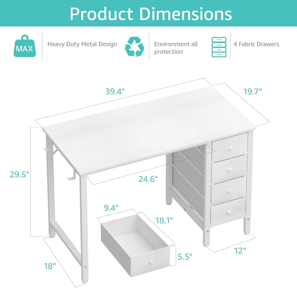 Lufeiya 40 Inch Small White Desk with Fabric Drawers