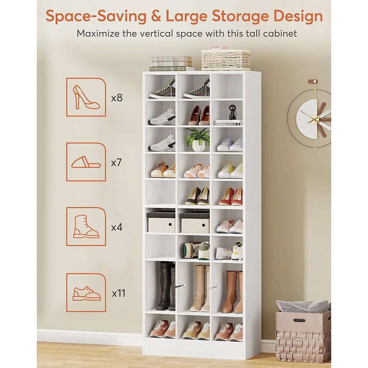30 Pairs Tall Shoe Cabinet, 10 Tiers White Wooden Shoe Storage Rack for Closet, Entryway - 10-tier