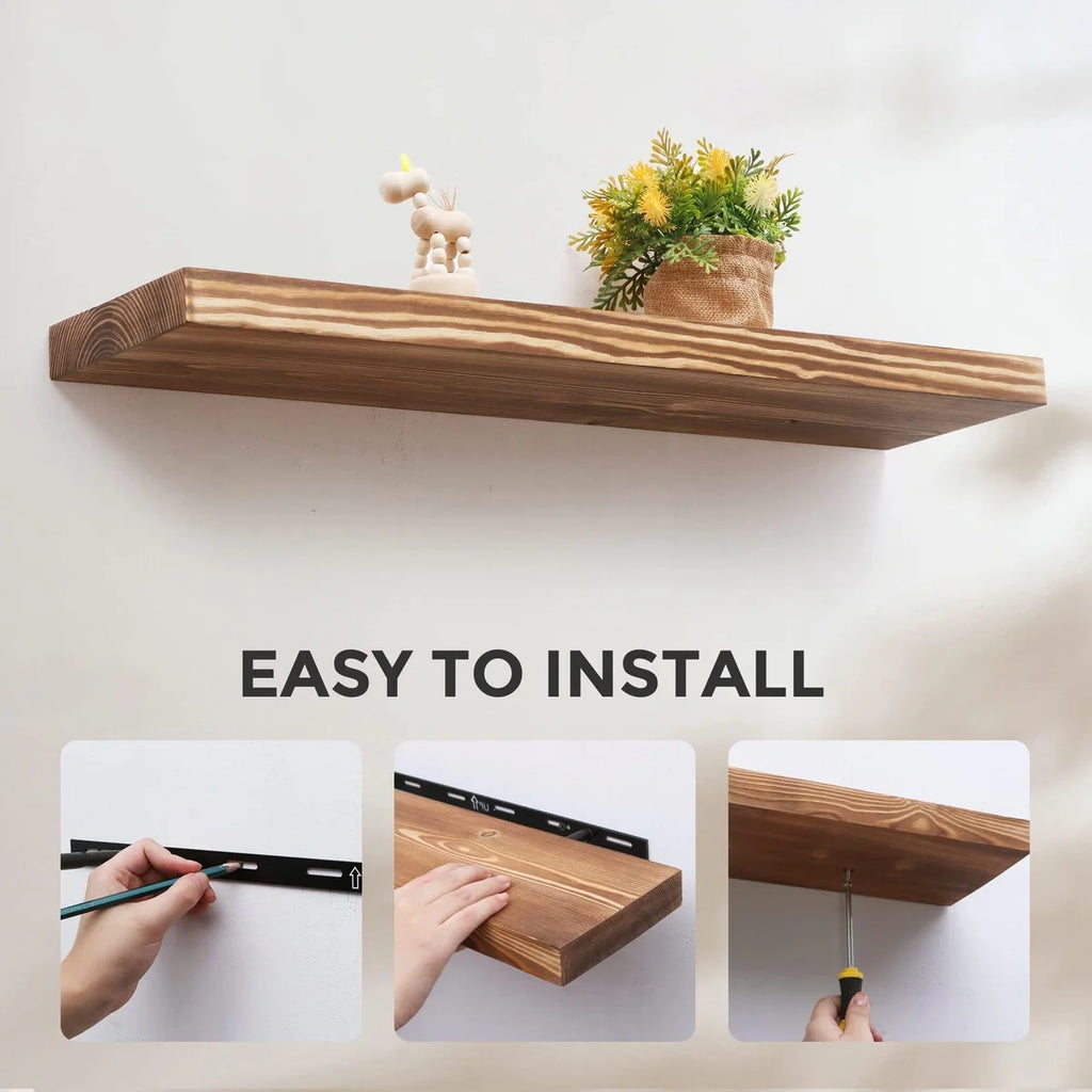 Handcrafted European Pine Natural Rustic Wooden Floating Shelves Wall Mounted Set of 2