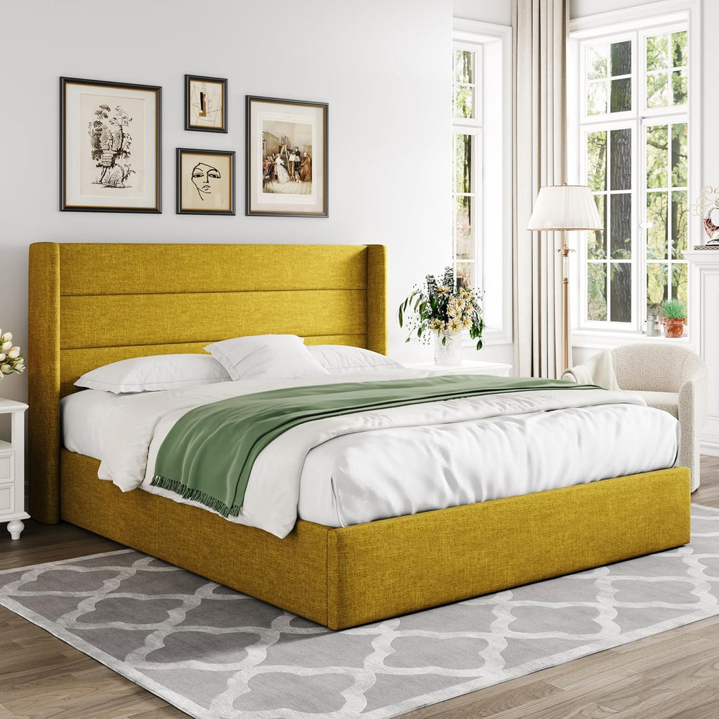 ALLEWIE Queen Size Lift Up Storage Bed with Wingback Headboard
