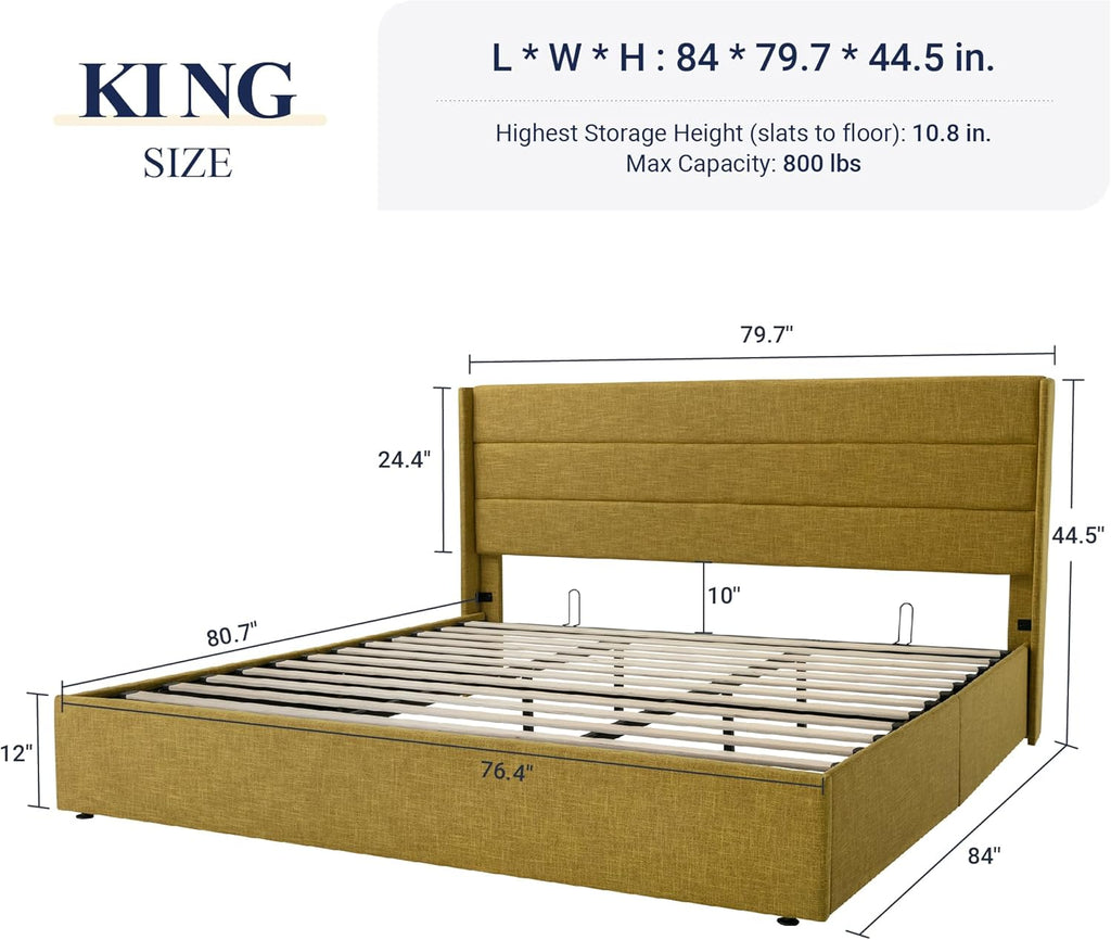 ALLEWIE Queen Size Lift Up Storage Bed with Wingback Headboard