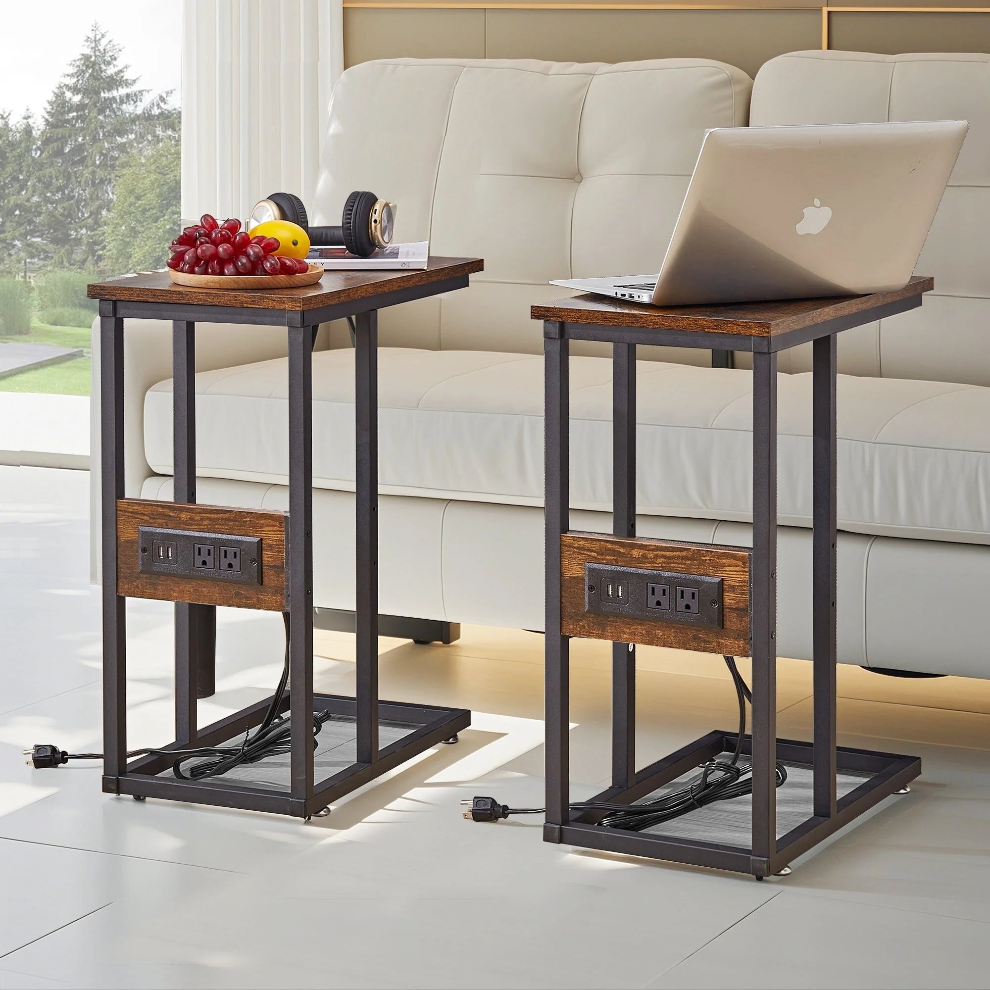 Javlergo Set of 2 C-Shaped Sofa Side Table, Small End Table for Living Room, Narrow Bedside/TV Tray Table