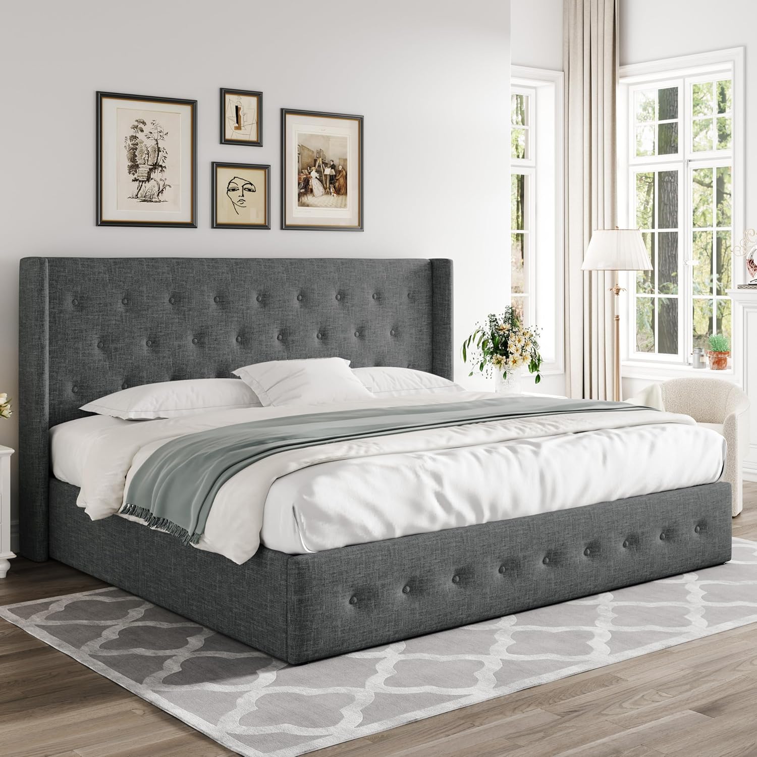 ALLEWIE Queen Size Lift Up Storage Bed with Wingback Headboard