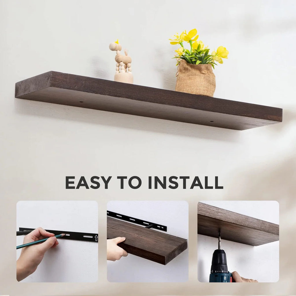 Handcrafted European Pine Natural Rustic Wooden Floating Shelves Wall Mounted Set of 2