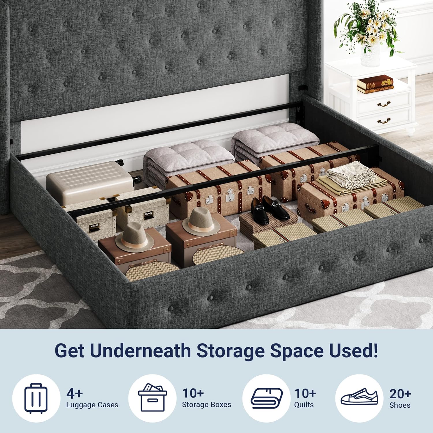 ALLEWIE Queen Size Lift Up Storage Bed with Wingback Headboard