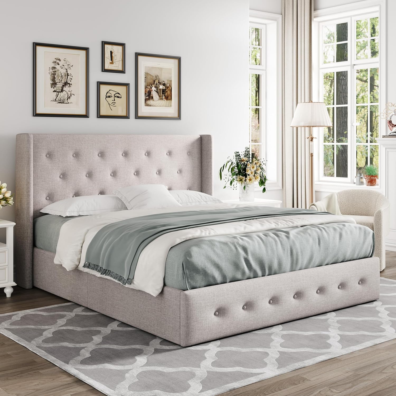 ALLEWIE Queen Size Lift Up Storage Bed with Wingback Headboard