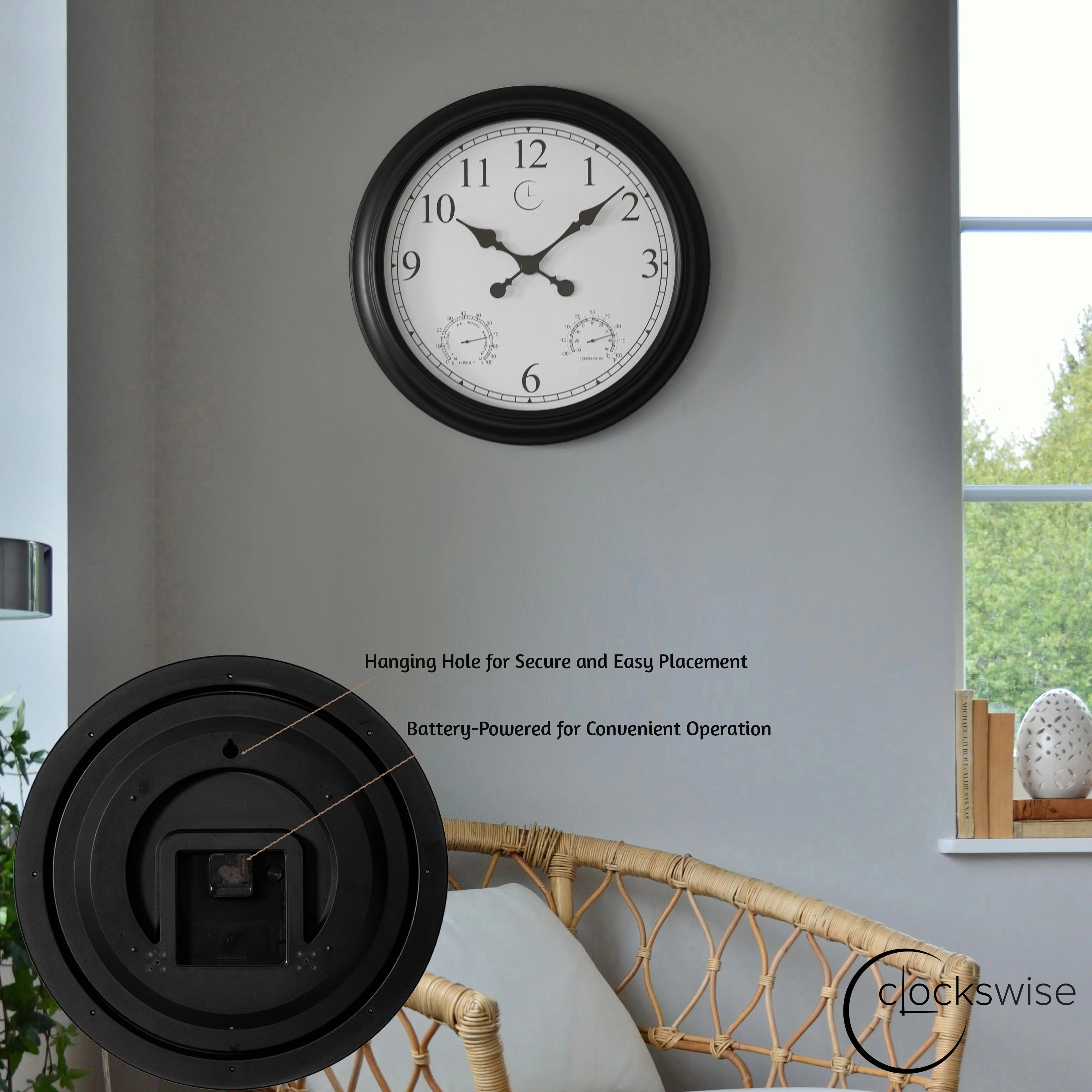 Large Outdoor Wall Clock Thermometer Combo, Waterproof Silent Garden Weather Station Home Indoor Patio Pool Black