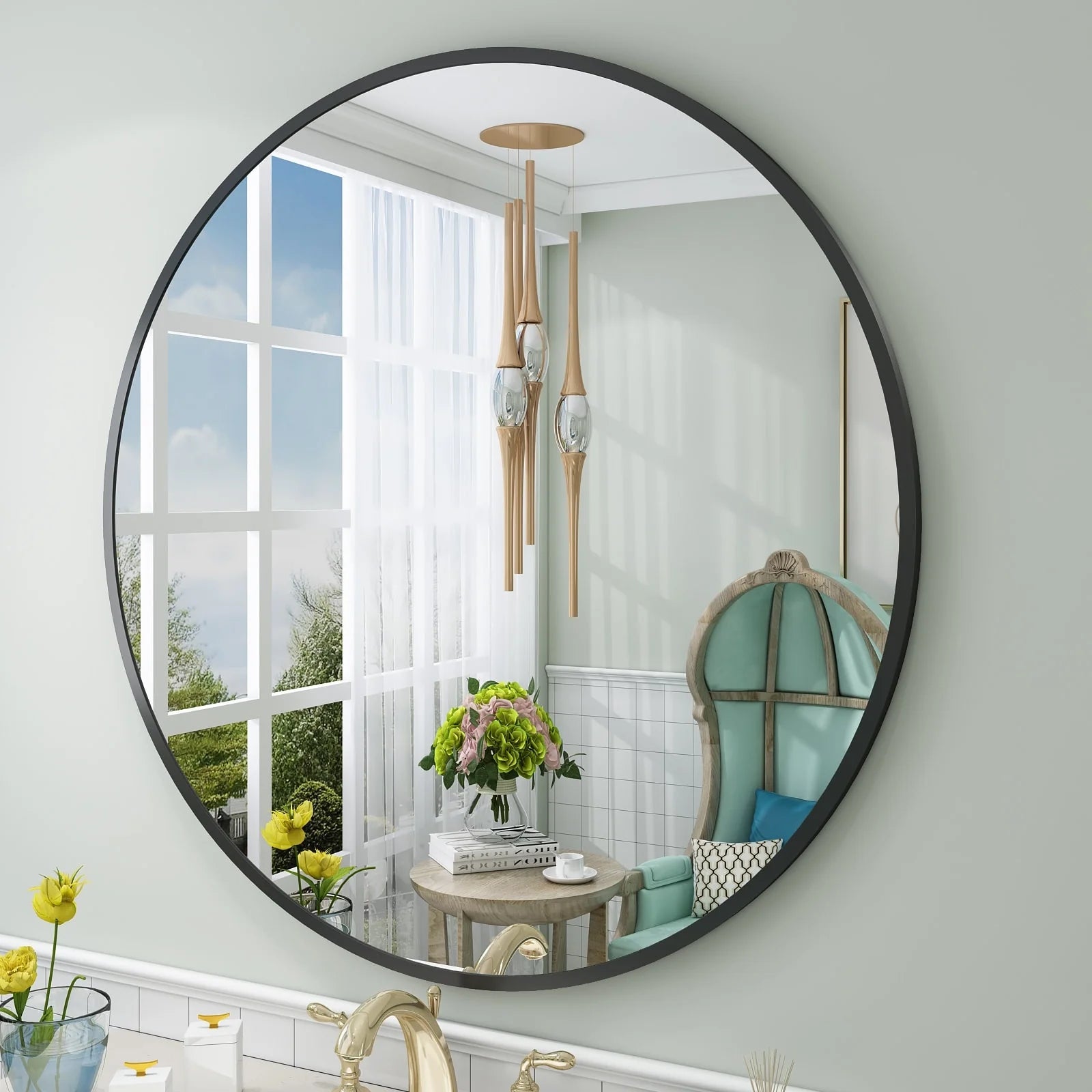 Apmir Round Metal Black Frame Bathroom Vanity Mirror Wall-mounted mirror