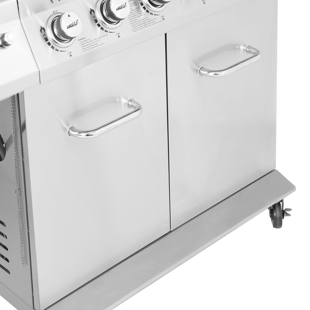 Stainless Steel Gas Grill, Premier 6-Burner Propane Grill with Sear Burner and Side Burner, 74,000 BTU, Cabinet Style, Outdoor BBQ Party Grill, Silver