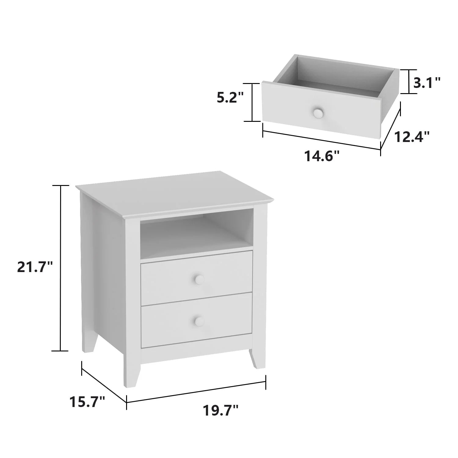 Timechee 21.7'' Tall 2 - Drawer 1- Shelf Nightstand in White End Table