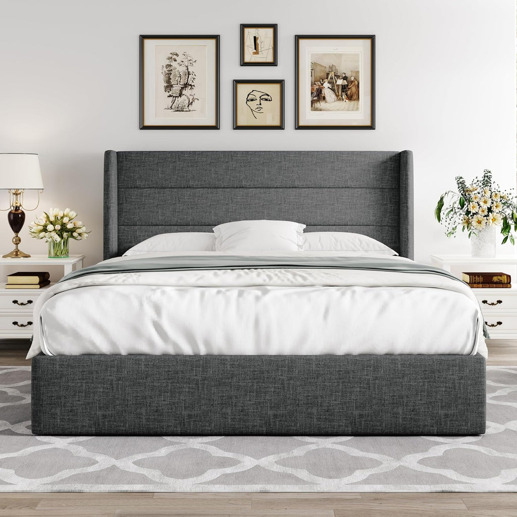 ALLEWIE Queen Size Lift Up Storage Bed with Wingback Headboard
