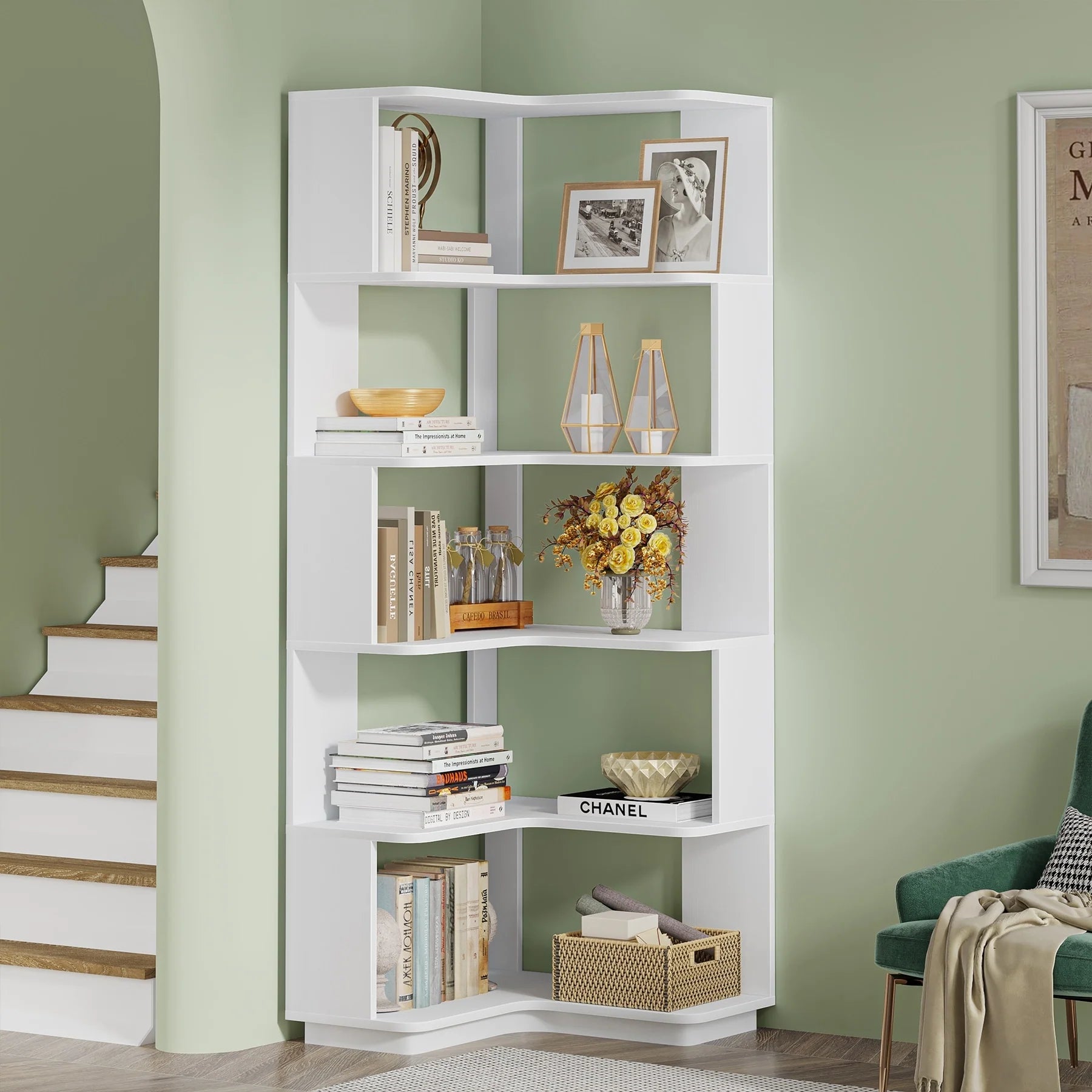 6-Tier Corner Book Shelf, 64.9Tall Freestanding Wood Industrial Bookcase Bookshelf