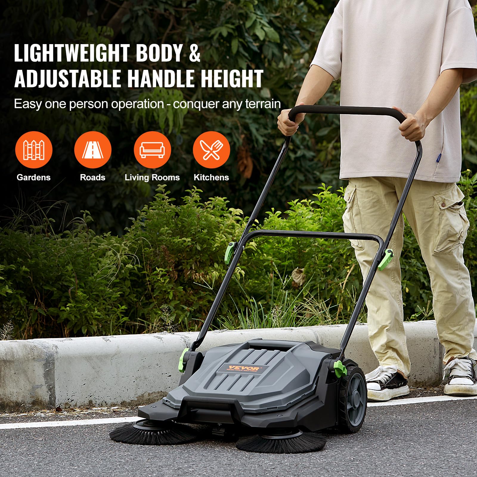 VEVOR Walk-Behind Hand Push Floor Sweeper, 5-Gallon Waste Container