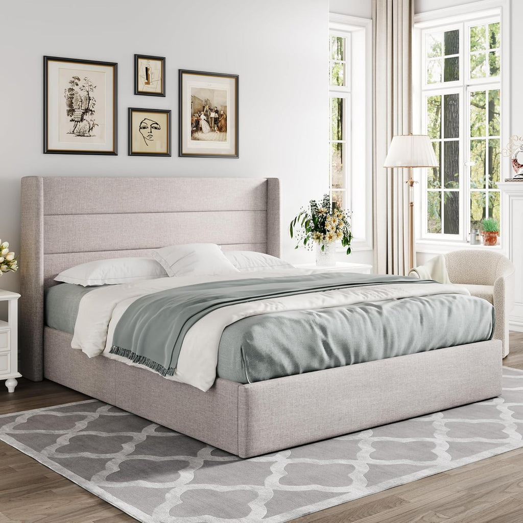 ALLEWIE Queen Size Lift Up Storage Bed with Wingback Headboard