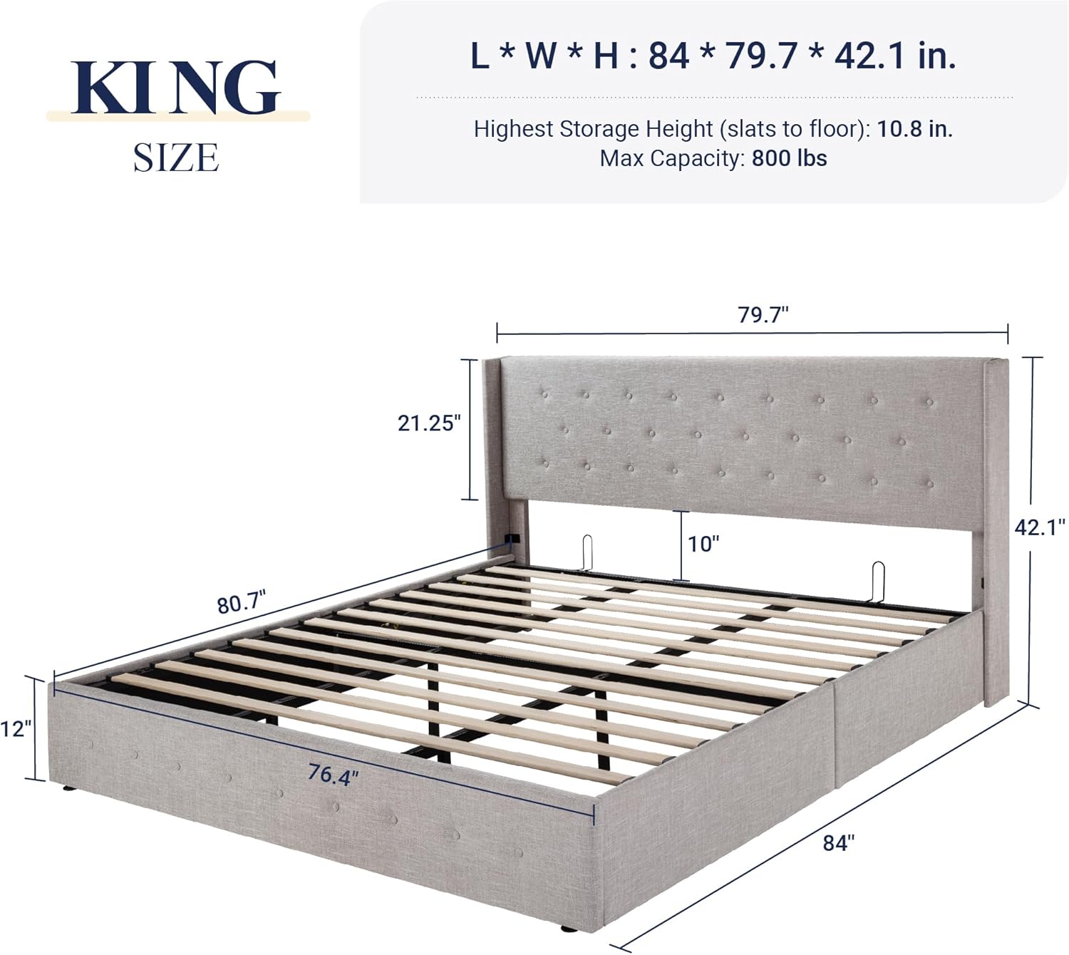 ALLEWIE Queen Size Lift Up Storage Bed with Wingback Headboard