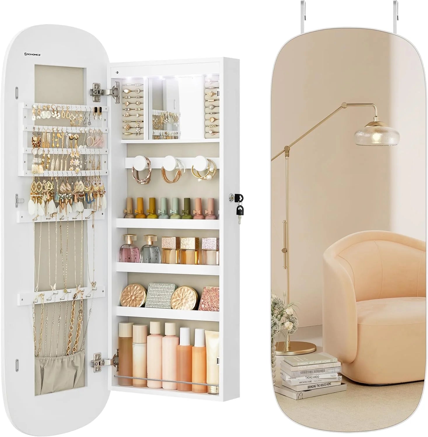 SONGMICS Jewelry Organizer, LED Jewelry Cabinet Wall/Door Mounted
