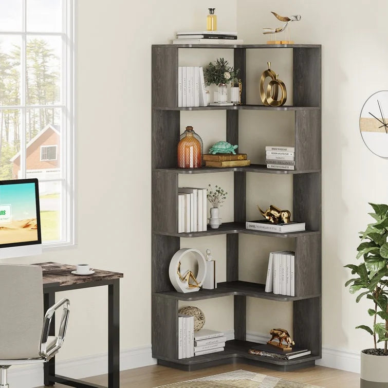 6-Tier Corner Book Shelf, 64.9Tall Freestanding Wood Industrial Bookcase Bookshelf