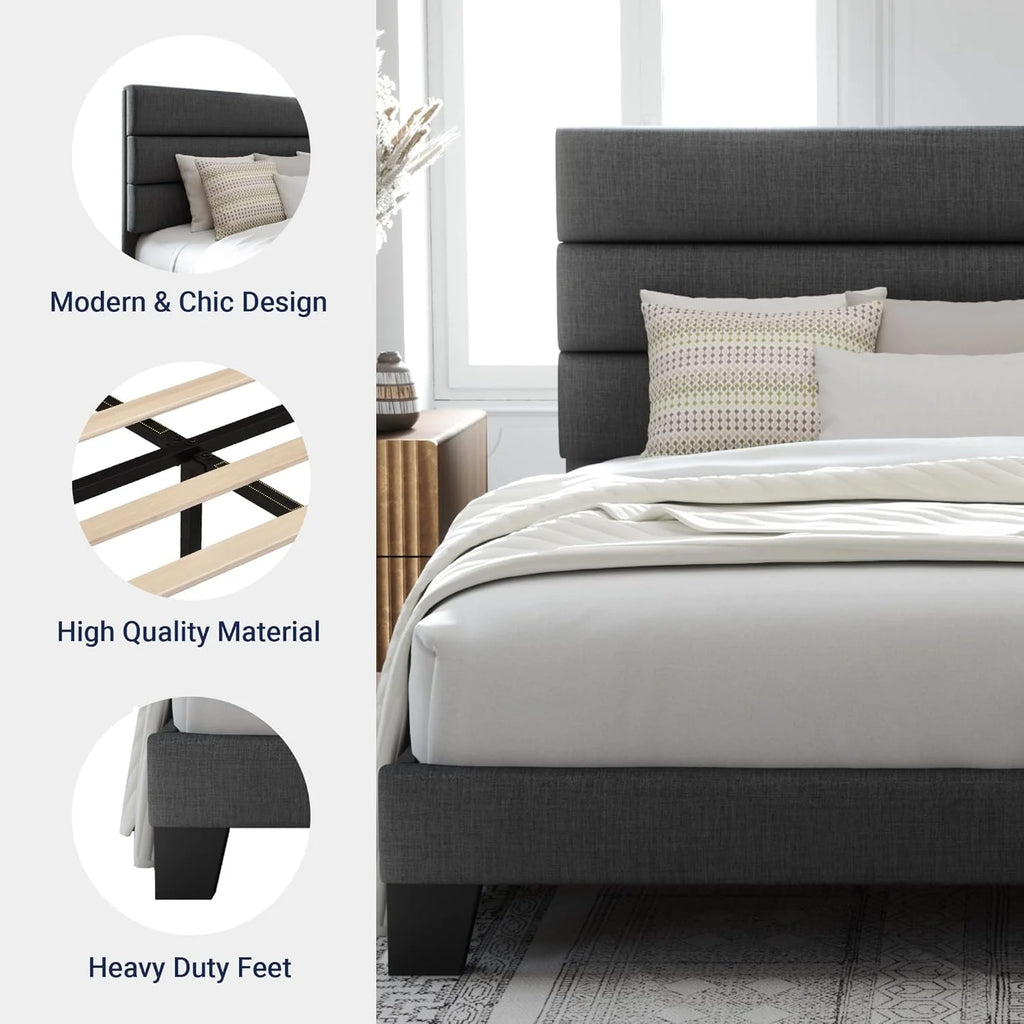 ALLEWIE Queen Size Upholstered Platform Bed Frame - Dark Grey